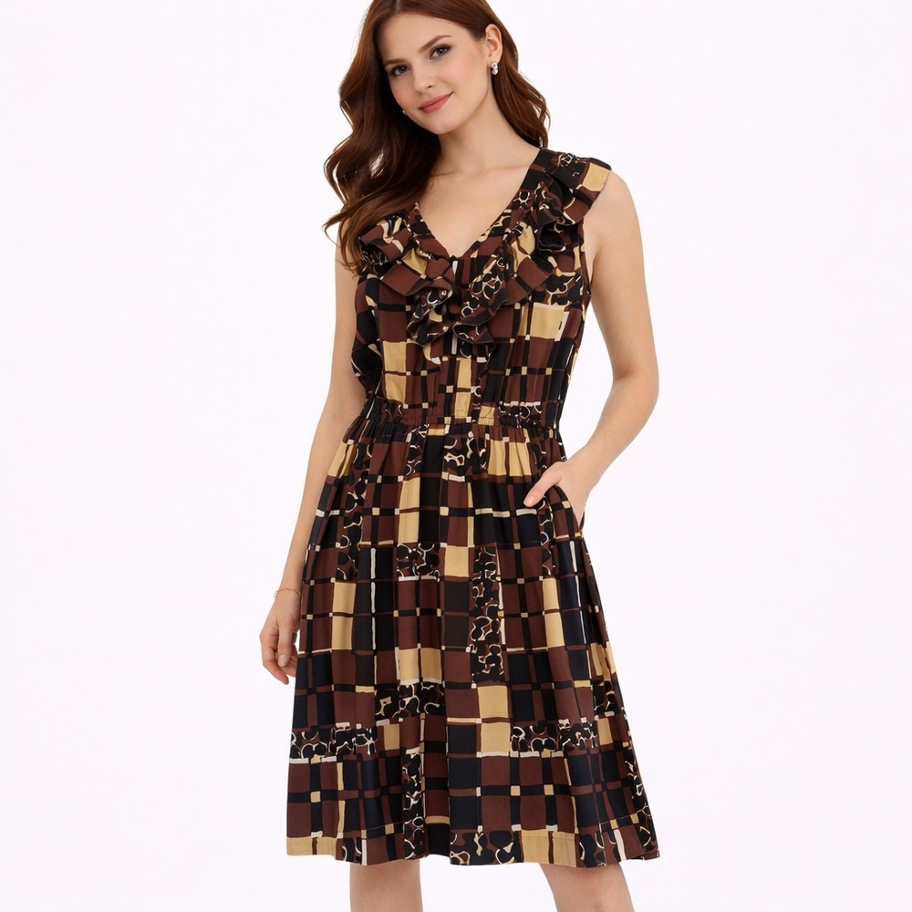 Trina Turk Silk V-Neck Ruffle Geo Print Midi Dress Pockets Size 6